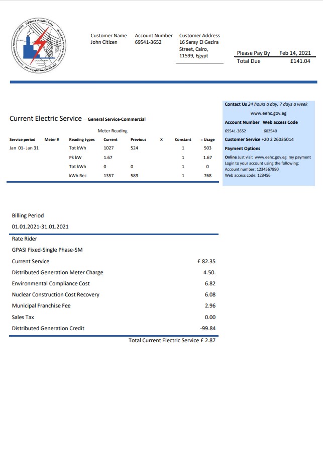 Egypt Egyptian Electricity utility bill template in Word and PDF format